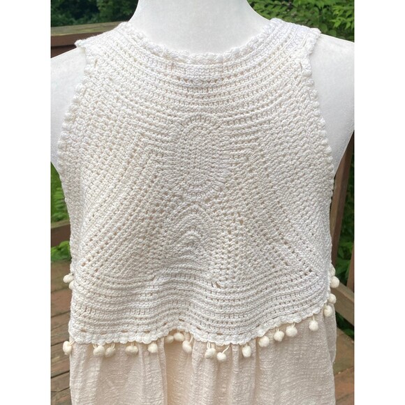 ADIVA Ivory white crochet lace inserts tank top gauzy cotton cloth pompoms Sz L - Picture 6 of 11